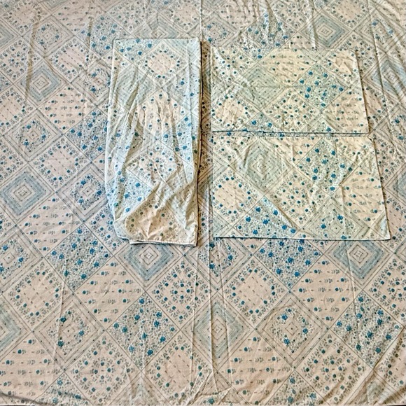 4pc VTG Full Perma-Prest Percale Sheet Set Blue White Rose Floral Sears Roebuck
